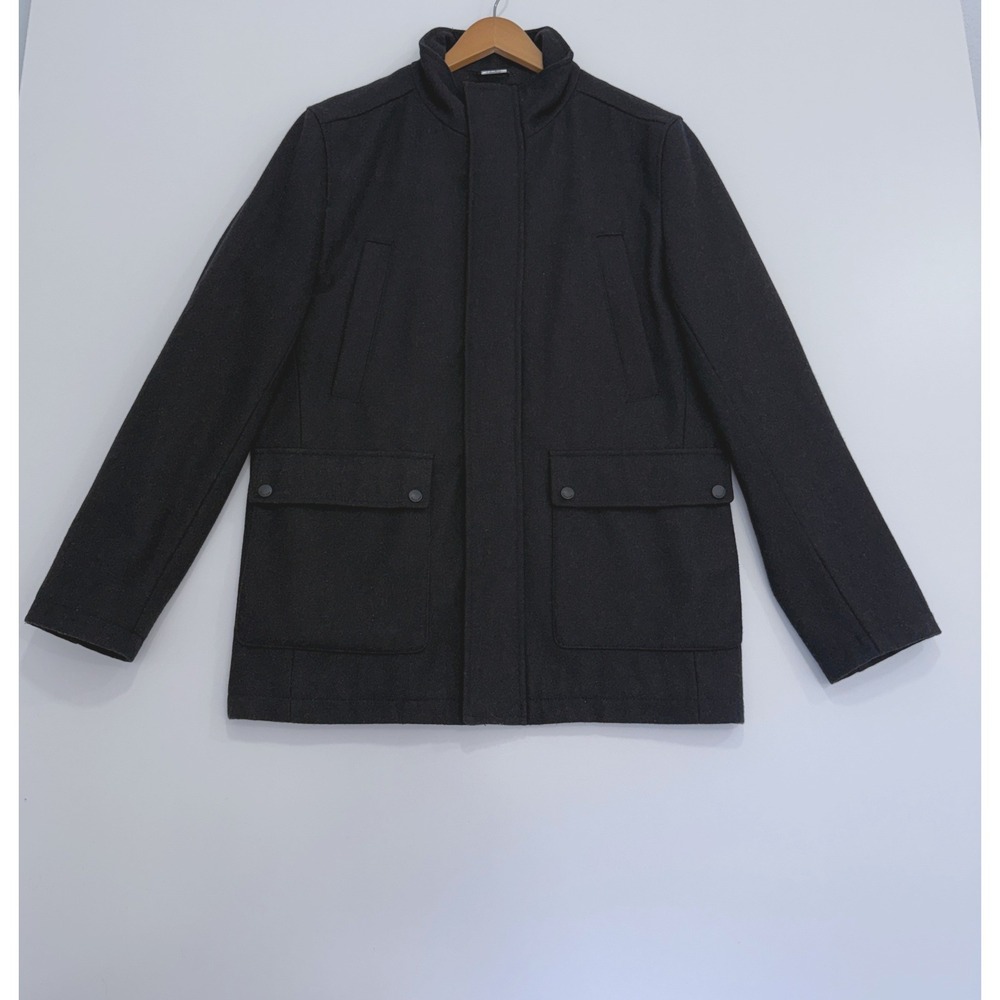 Calvin Klein Wool Blend Coat Mens S Black Full Zip Snap Pockets Funnel Neck
